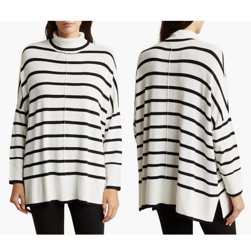 NWT New $89 Adrianna Papell White Black Stripe Turtleneck Sweater Size XL